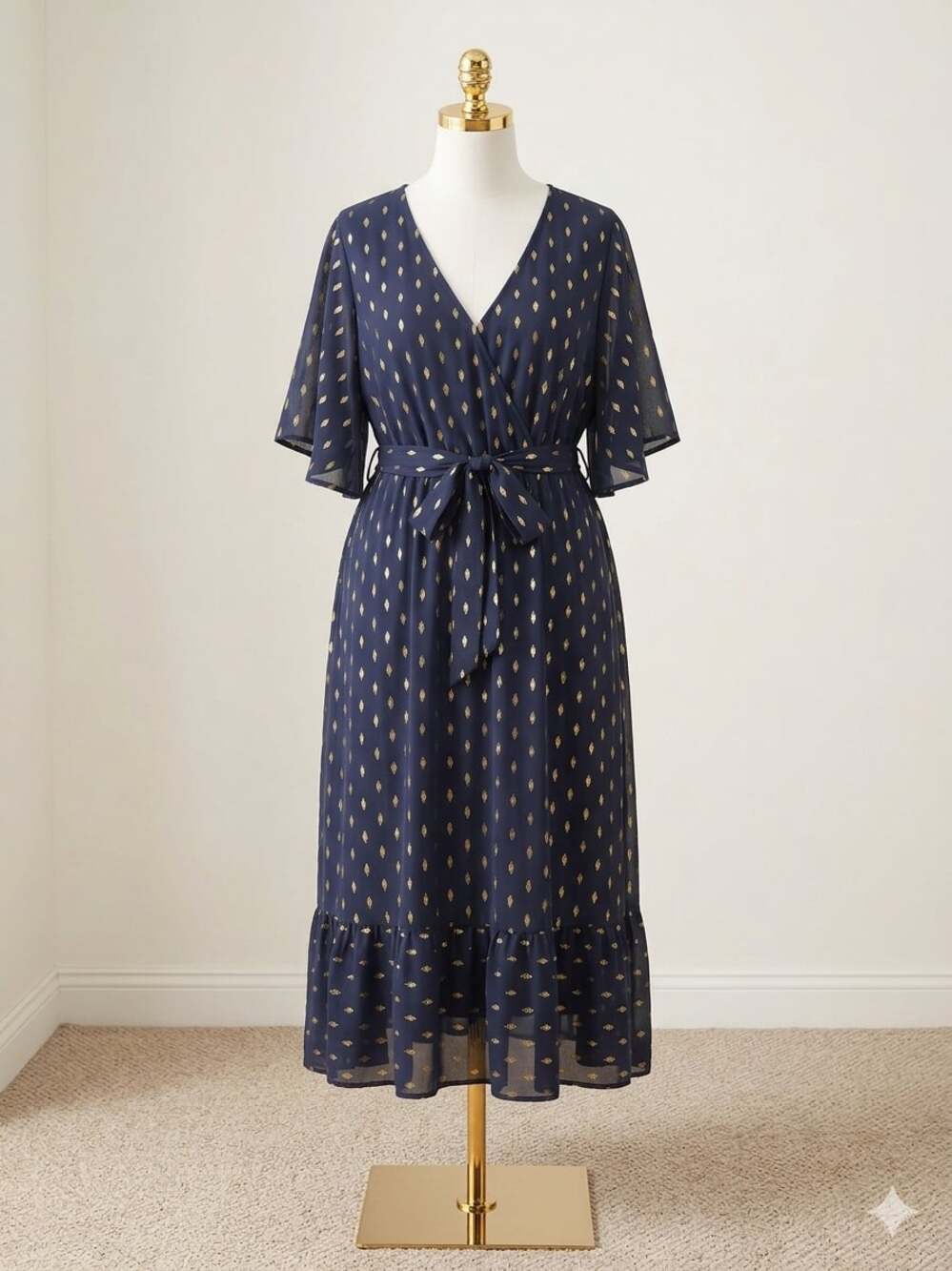 BloomChic Navy & Gold  Flutter Sleeve Midi Dress Plus Size 2X 18- 20 Pockets